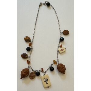 vtg Mahjong Asian Silver Charm Necklace Laughing Buddhas Amber Beads Artsy Lucky